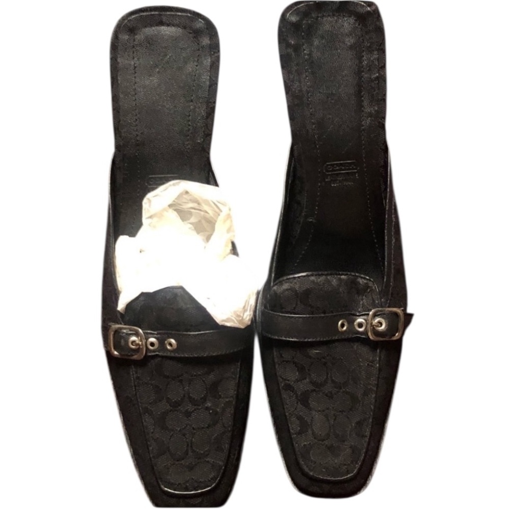 Coach size 10 black monogram canvas w/ leather trim square toe mules / slides